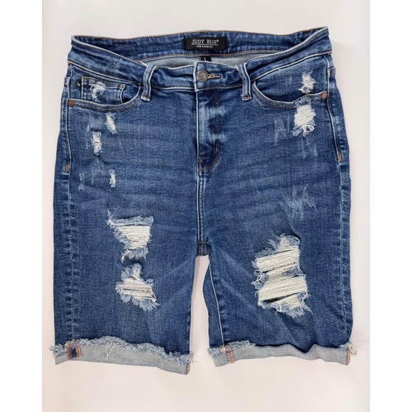 Judy Blue Distressed Denim Shorts Womens Large Blue Cutoff Frayed Hem EUC - Picture 3 of 9